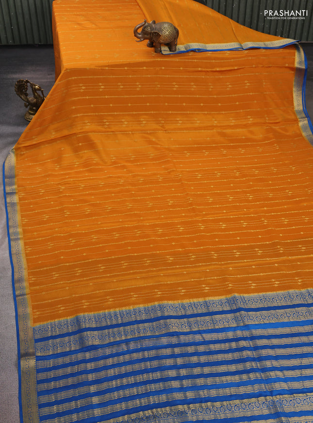 Mustard Yellow & peacock Blue Pure Mysore Silk Saree - Buttas