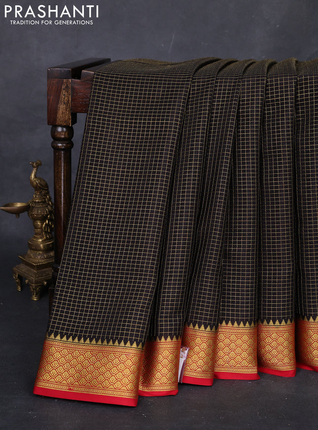 Black & Red Pure Mysore Silk Saree - Checks