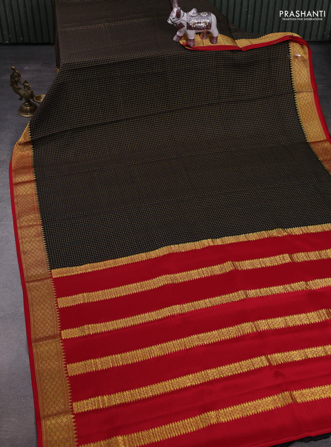 Black & Red Pure Mysore Silk Saree - Checks