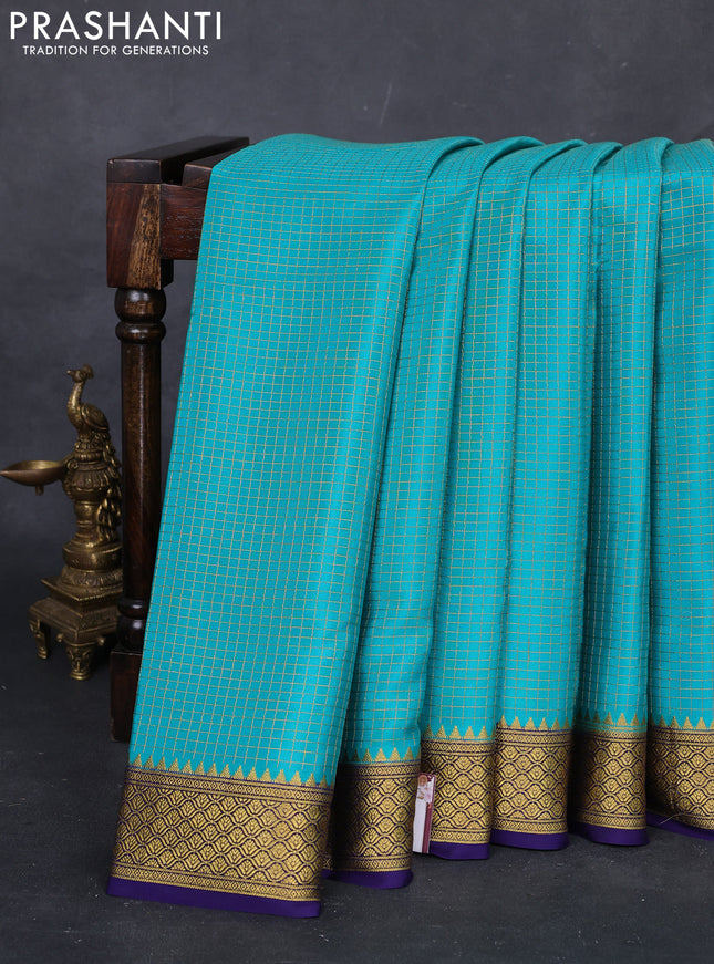 Teal Blue & Navy Blue Pure Mysore Silk Saree - Checks