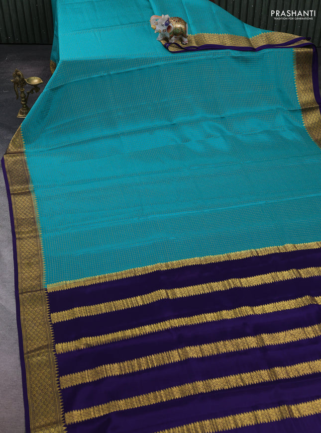 Teal Blue & Navy Blue Pure Mysore Silk Saree - Checks