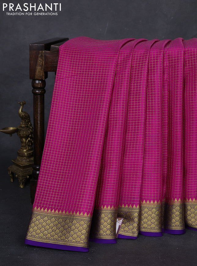 Pink & Violet Pure Mysore Silk Saree - Checks
