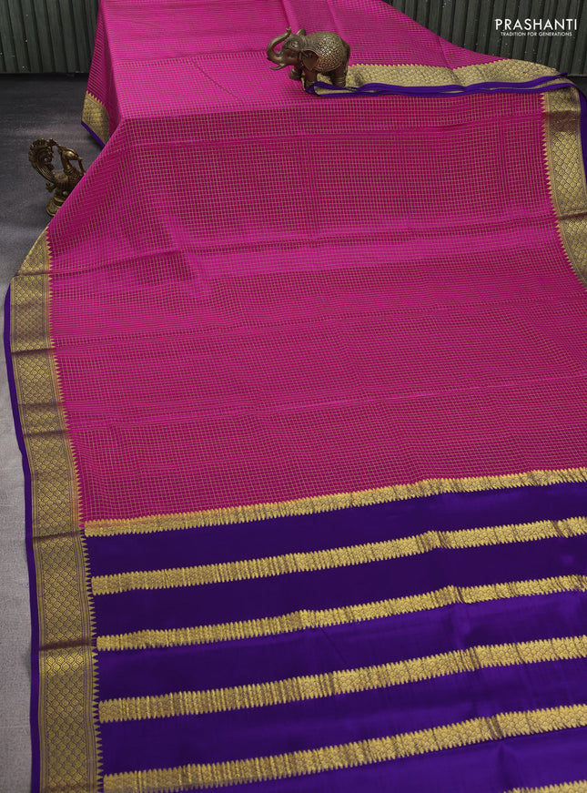 Pink & Violet Pure Mysore Silk Saree - Checks