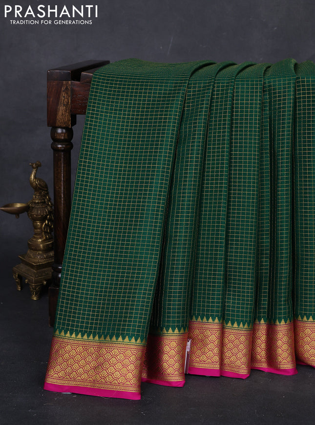 Green & Pink Pure Mysore Silk Saree - Checks