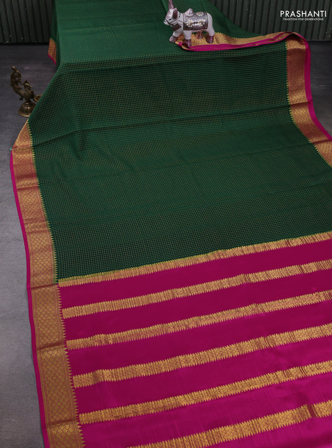Green & Pink Pure Mysore Silk Saree - Checks