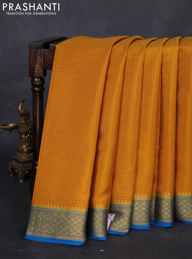 Mustard Yellow & Peacock Blue Pure Mysore Silk Saree - Checks