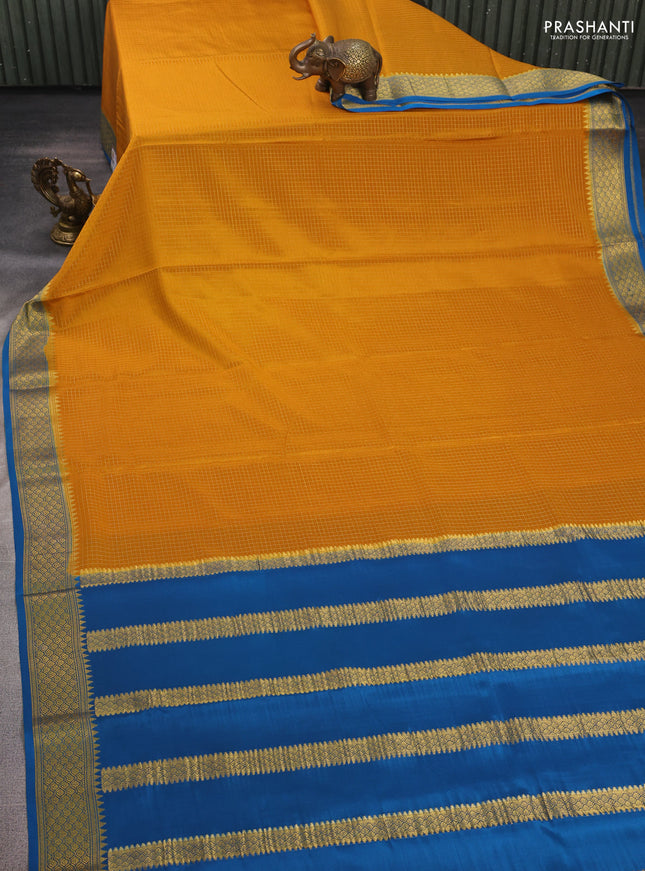 Mustard Yellow & Peacock Blue Pure Mysore Silk Saree - Checks