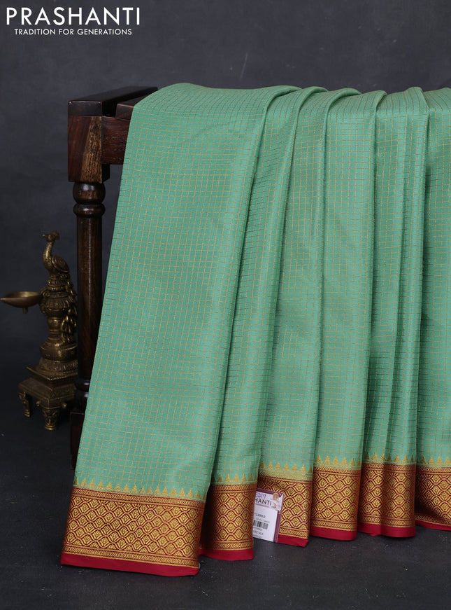Pista Green & Maroon Pure Mysore Silk Saree - Checks