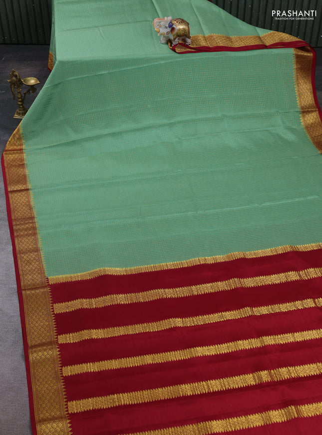 Pista Green & Maroon Pure Mysore Silk Saree - Checks