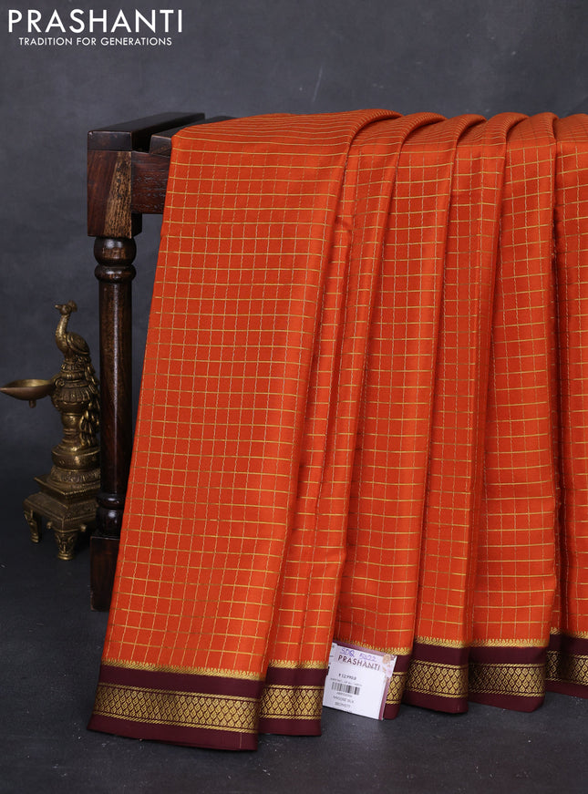 Rust & Coffee Brown Pure Mysore Silk Saree - Checks