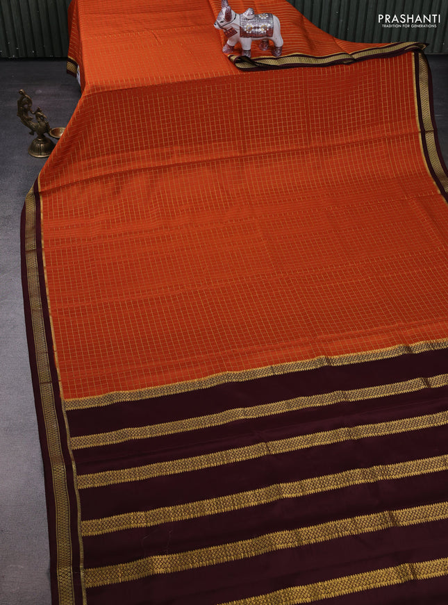 Rust & Coffee Brown Pure Mysore Silk Saree - Checks