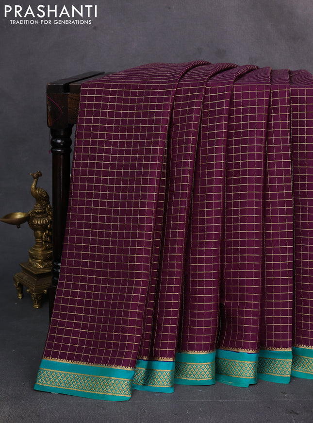 Wine & Teal Green Pure Mysore Silk Saree - Checks