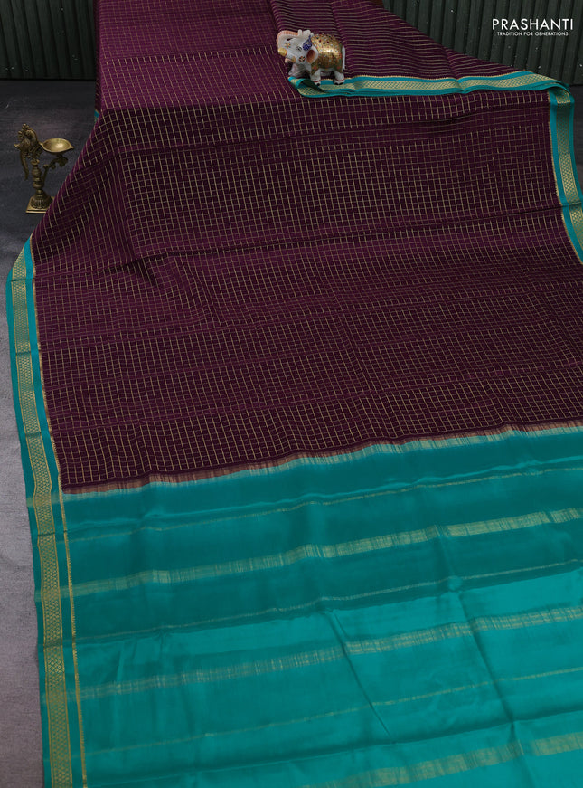 Wine & Teal Green Pure Mysore Silk Saree - Checks