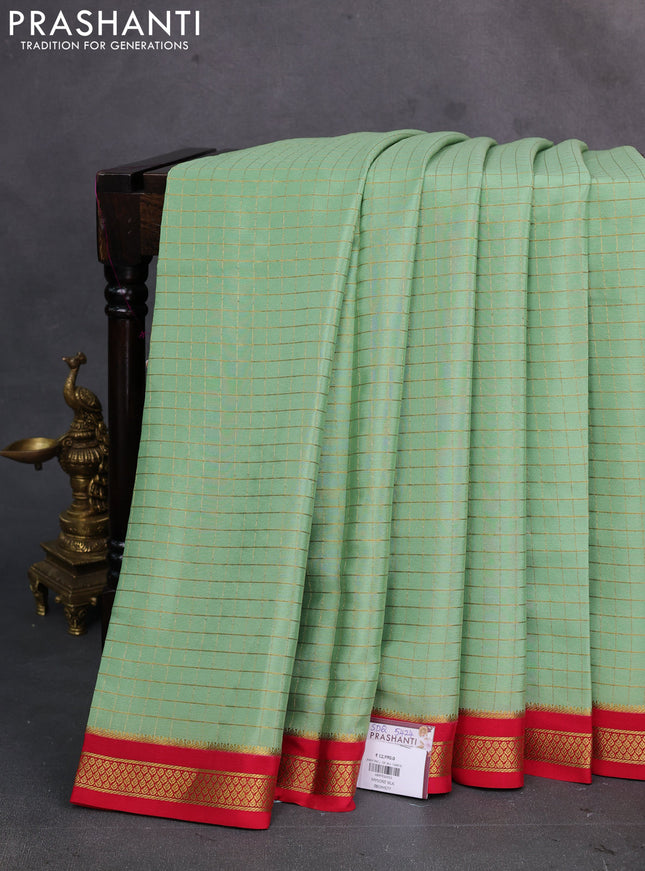 Pista Green & red Pure Mysore Silk Saree - Checks