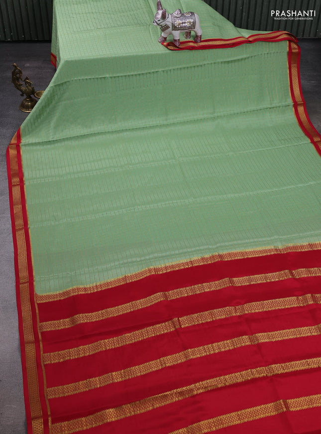 Pista Green & red Pure Mysore Silk Saree - Checks