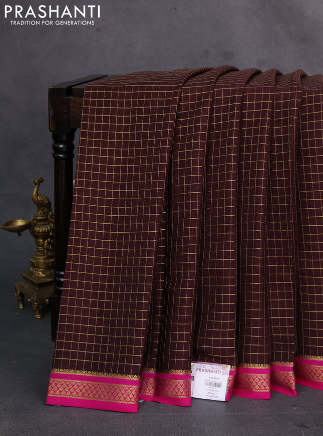 Coffee Brown & Pink Pure Mysore Silk Saree - Checks