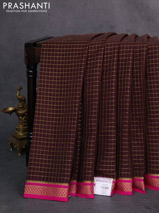 Coffee Brown & Pink Pure Mysore Silk Saree - Checks
