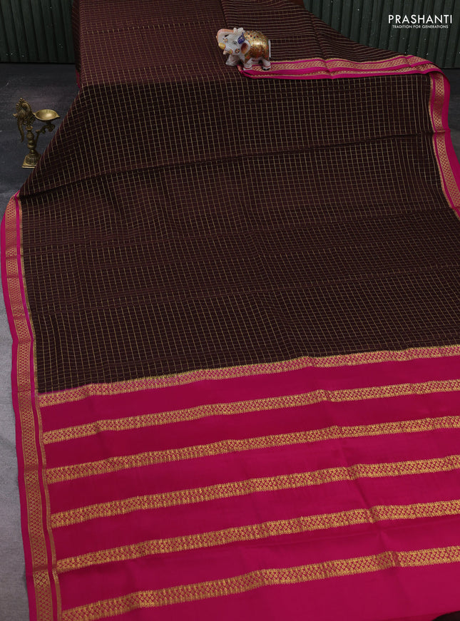 Coffee Brown & Pink Pure Mysore Silk Saree - Checks