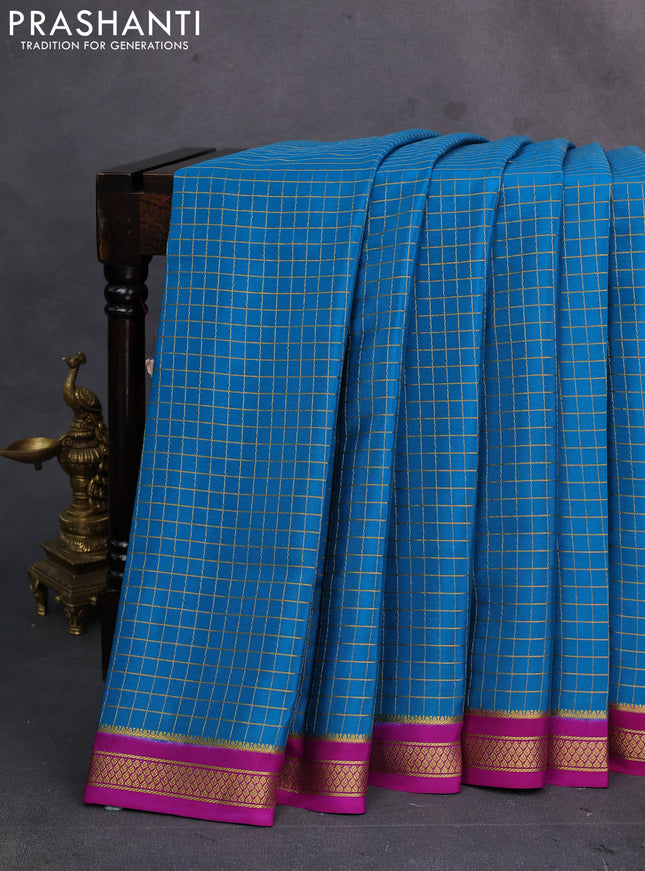 Teal Blue & Pink Pure Mysore Silk Saree - Checks