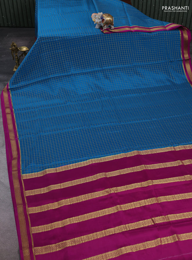 Teal Blue & Pink Pure Mysore Silk Saree - Checks