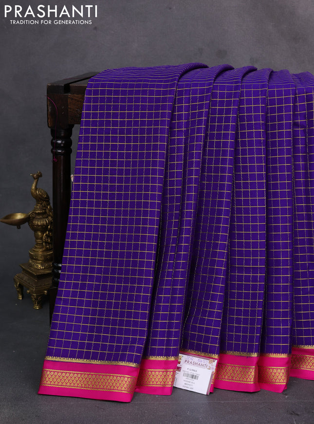 Violet & Pink Pure Mysore Silk Saree - Checks