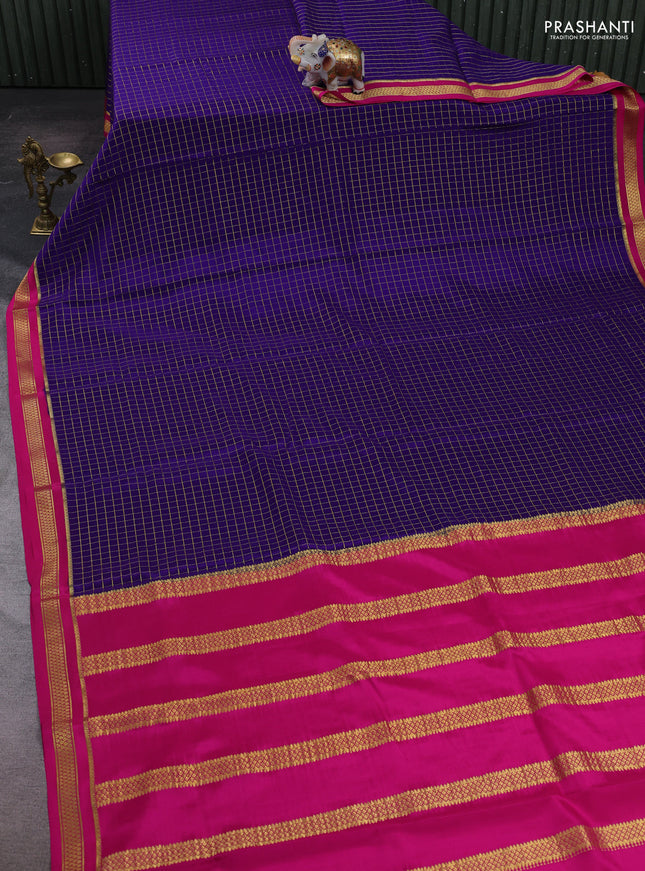 Violet & Pink Pure Mysore Silk Saree - Checks