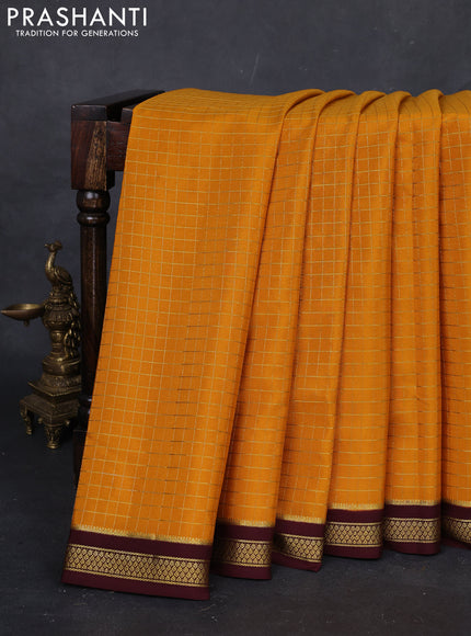 Mustard yellow & coffee brown Pure Mysore Silk Saree - Checks