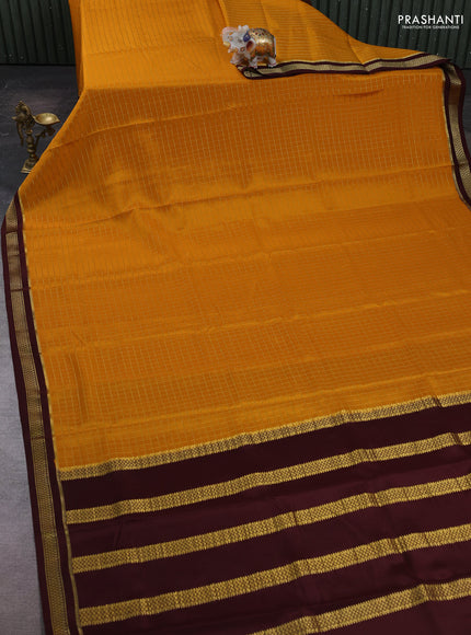 Mustard yellow & coffee brown Pure Mysore Silk Saree - Checks