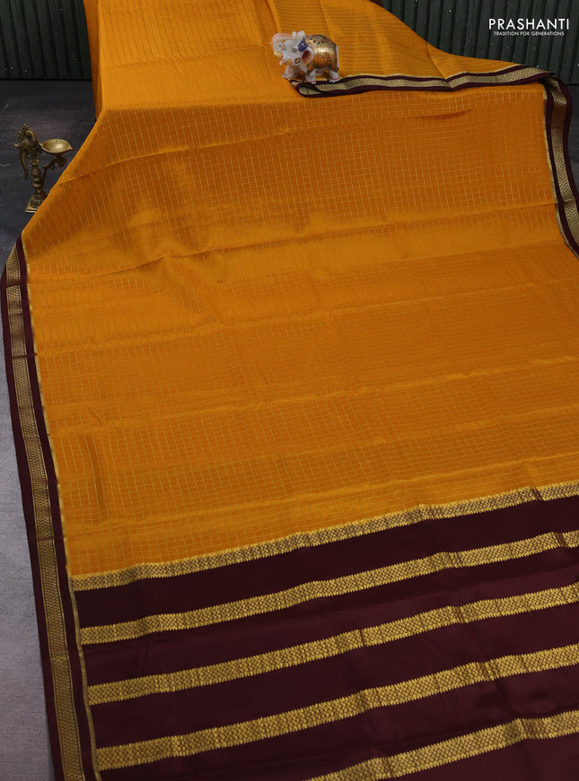Mustard yellow & coffee brown Pure Mysore Silk Saree - Checks