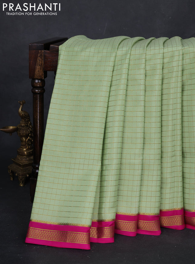 Pista Green & Pink Pure Mysore Silk Saree - Checks