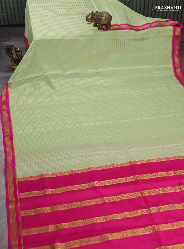 Pista Green & Pink Pure Mysore Silk Saree - Checks
