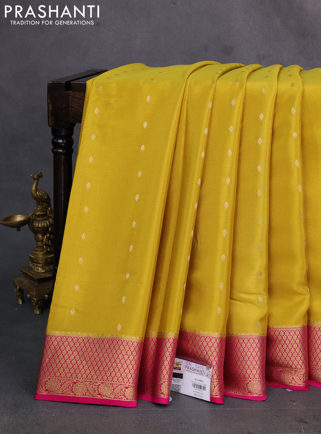Mustard green & pink Pure  Mysore silk saree - Buttas