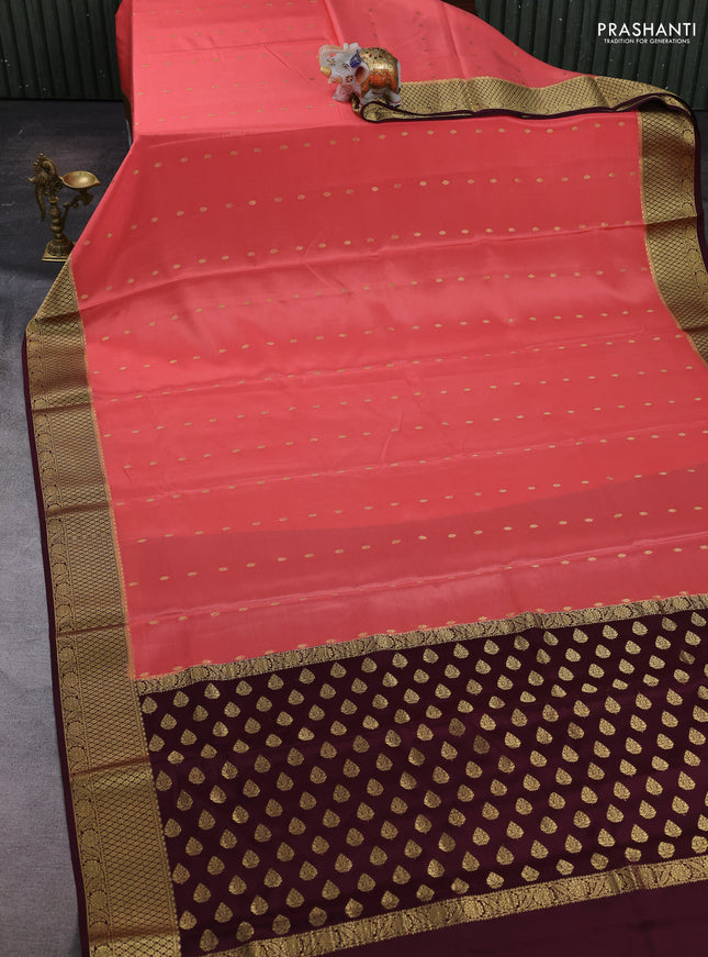 Peach & maroon Pure  Mysore silk saree - Buttas