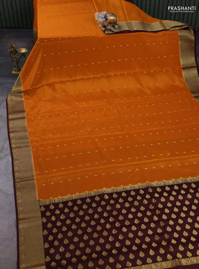 Mustard yellow & coffee brown Pure  Mysore silk saree - Buttas