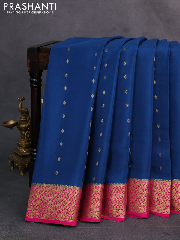 Peacock blue & pink Pure  Mysore silk saree - Buttas
