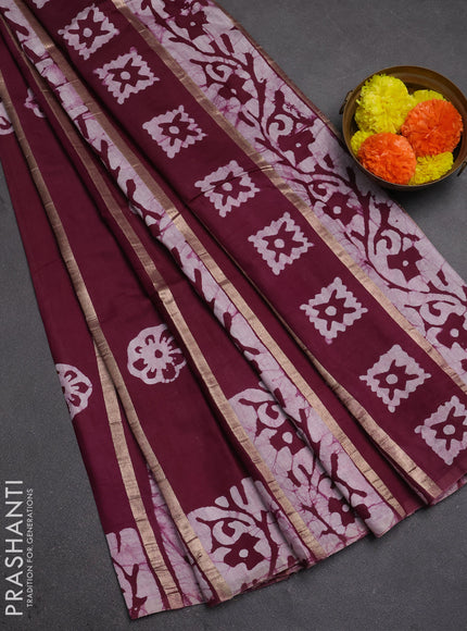 Wine  Semi Chanderi Saree - Batik Prints