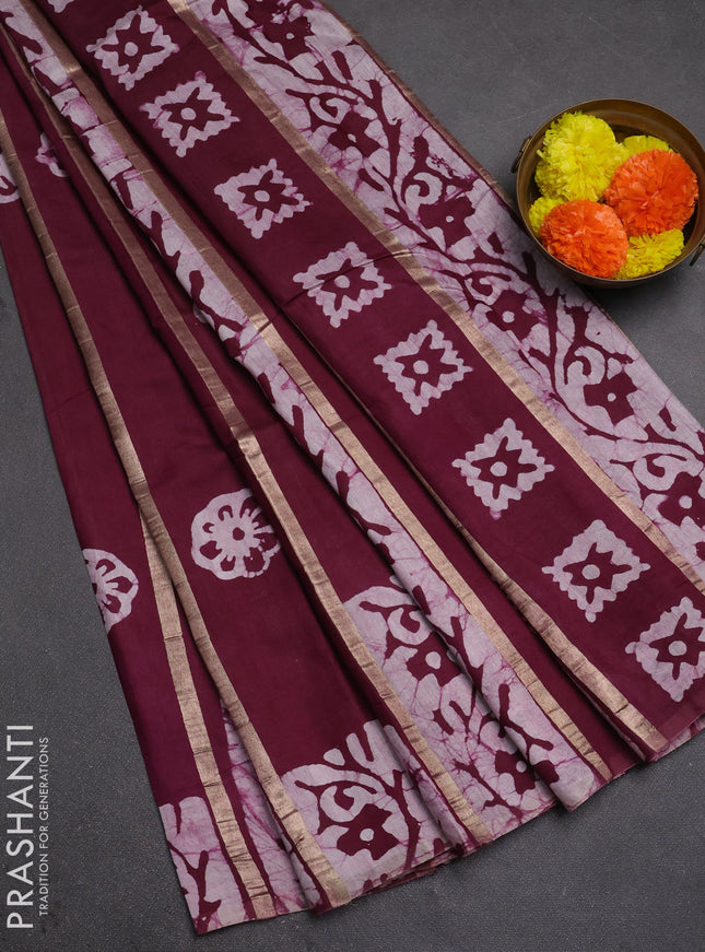 Wine  Semi Chanderi Saree - Batik Prints