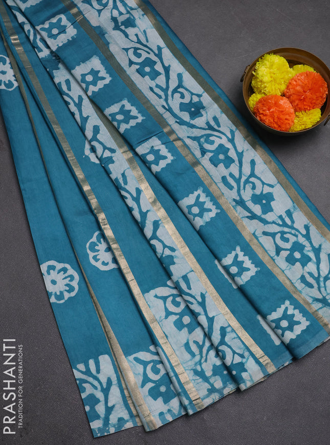 Teal Blue Semi Chanderi Saree - Batik Prints