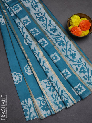 Teal Blue Semi Chanderi Saree - Batik Prints
