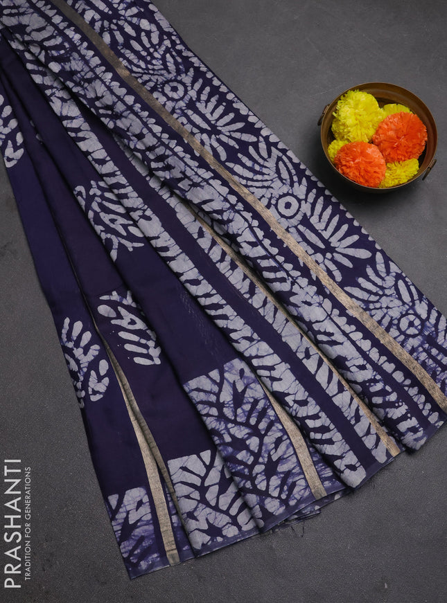 Navy Blue Semi Chanderi Saree - Batik Prints