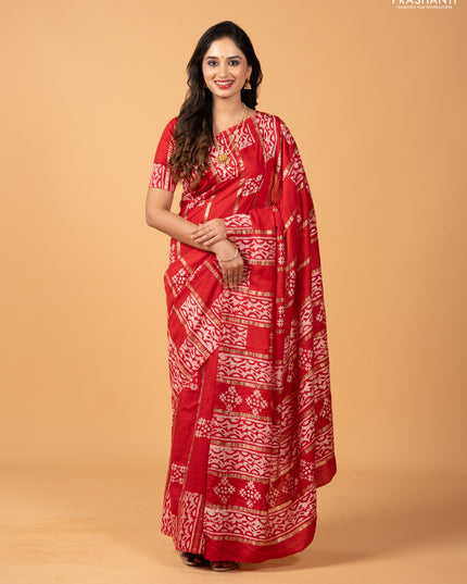 Red Semi Chanderi Saree - Batik Prints