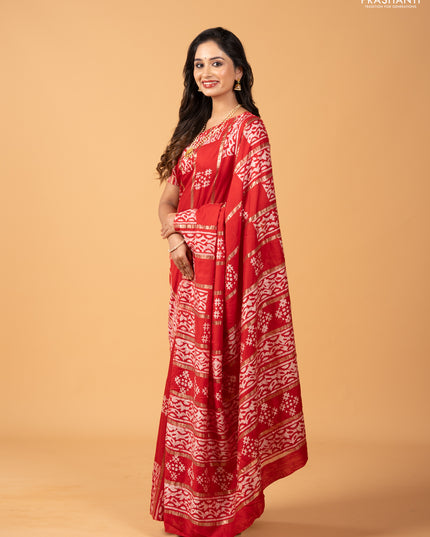 Red Semi Chanderi Saree - Batik Prints