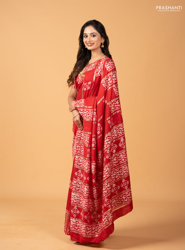 Red Semi Chanderi Saree - Batik Prints