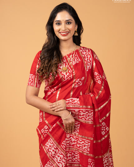 Red Semi Chanderi Saree - Batik Prints