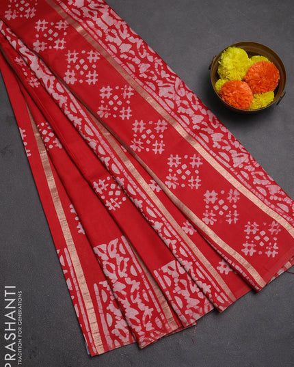 Red Semi Chanderi Saree - Batik Prints