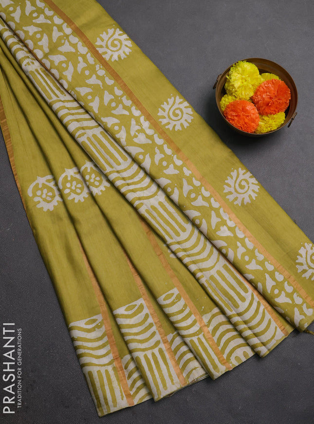 Lime Green Semi Chanderi Saree - Batik Prints