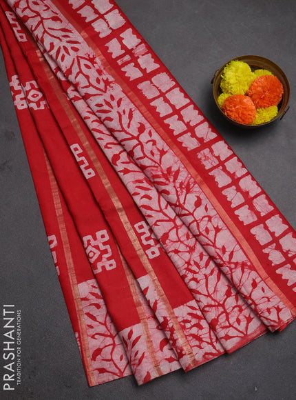 Red Semi Chanderi Saree - Batik Prints