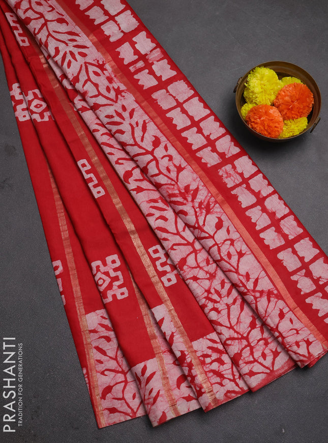 Red Semi Chanderi Saree - Batik Prints