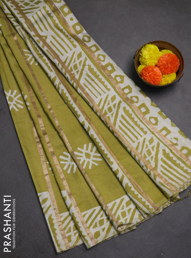 Lime Green Semi Chanderi Saree - Batik Prints