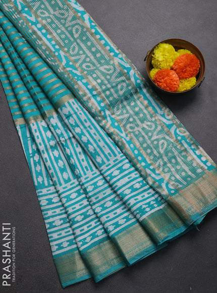 Teal Green Semi Chanderi Saree - Batik Prints